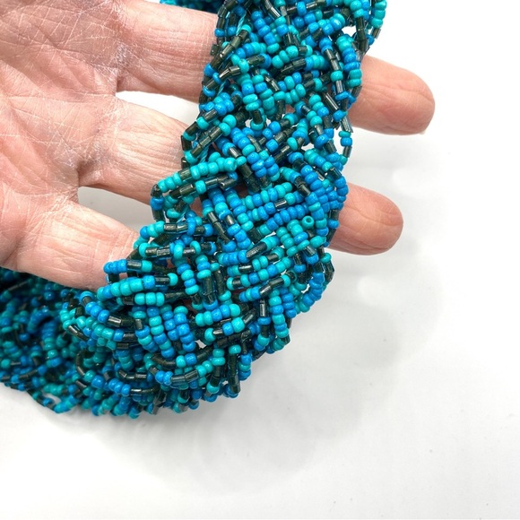 Seed Bead Necklace Wide Braided Artisan Made Blue Green - Picture 7 of 8